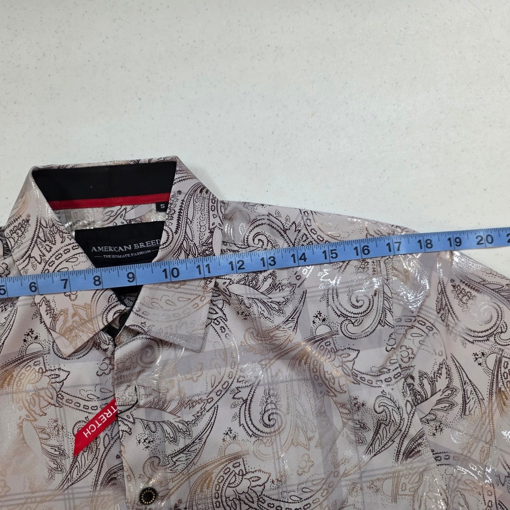 American Breed Mens Smart Shirt Short Sleeve Metallic Paisley Beige Gold Small - Picture 7 of 10